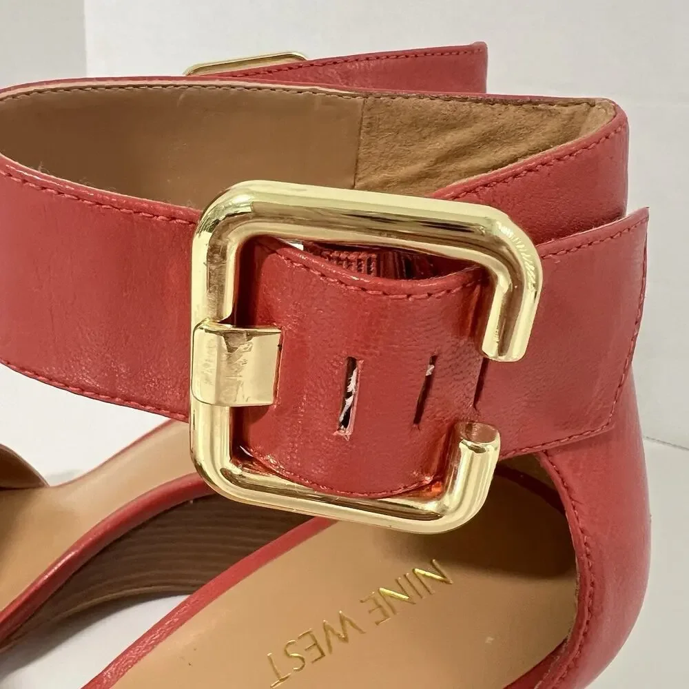 Nine West Sandals Women US 9 Orange Narcissus Leather Wedge Ankle Buckle